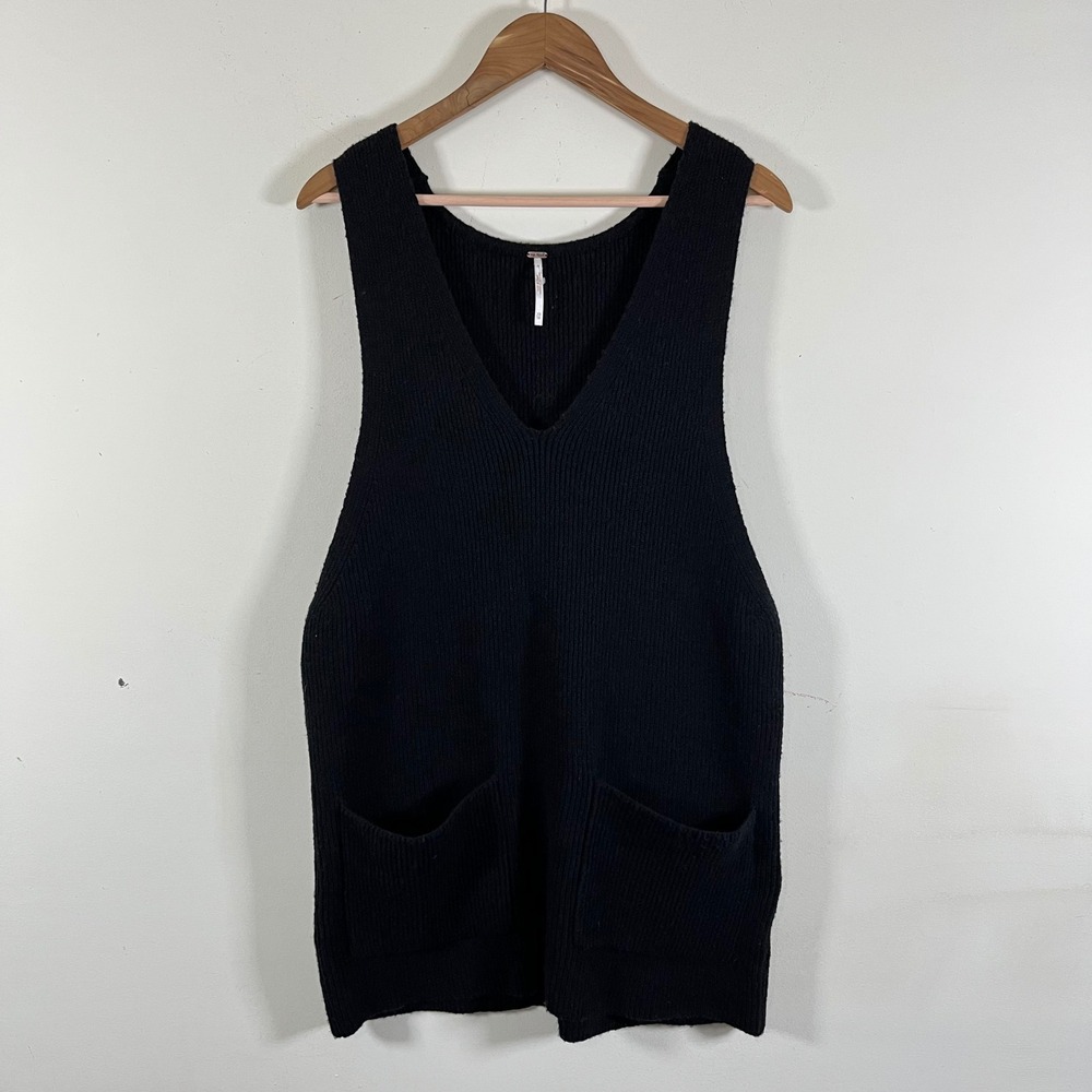 Free People Oversized Ribbed Knit V-Neck Sleeveless Mini Sweater Dress Black XS